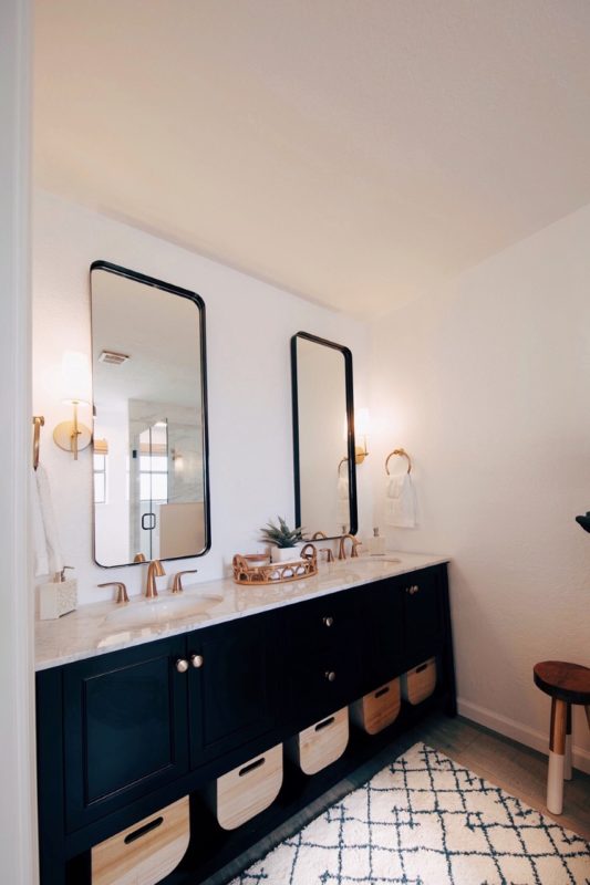 modern bathroom, modern master bathroom, bathroom renovation, fixer upper, black vanity, black mirrors, marble shower, small bathroom renovation