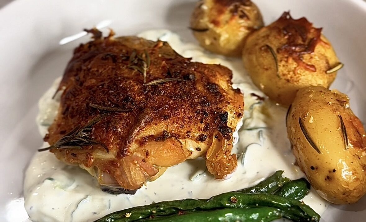 One-Pan Greek Parmesan Chicken with Potatoes and Homemade Tzatziki