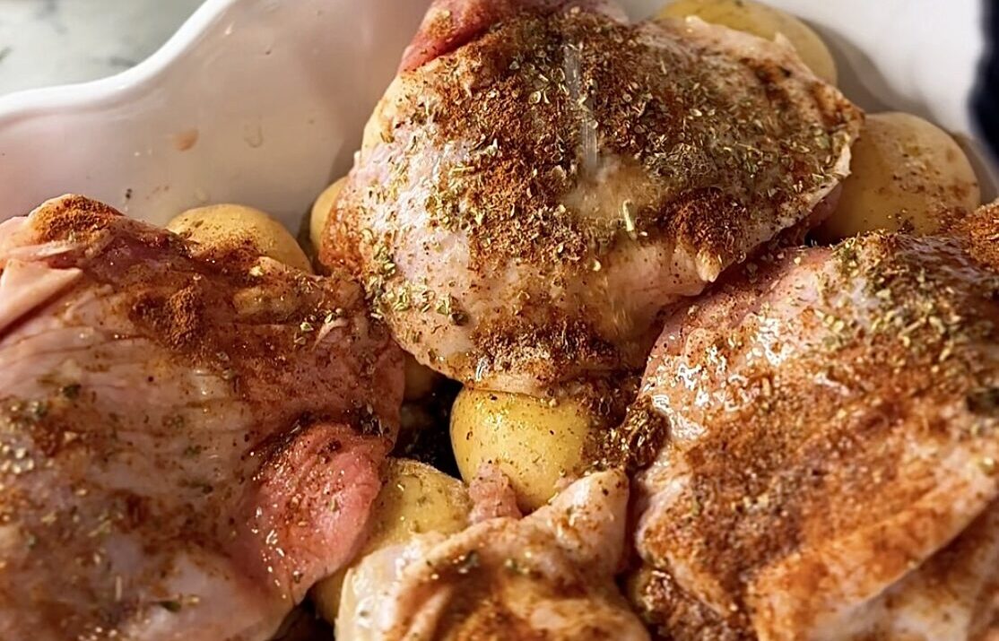 One-Pan Greek Parmesan Chicken & Potatoes with Homemade Tzatziki